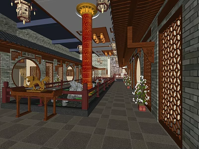 Elevator Corridor In Traditional Chinese Style With Red Pillars Lanterns And Carved Screens 3d model