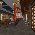 Elevator Corridor In Traditional Chinese Style With Red Pillars Lanterns And Carved Screens