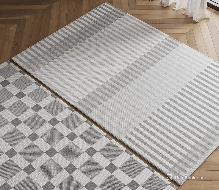 Modern Square Area Rugs with Striped and Checkered Patterns Gray Design on Wooden Floor 3d model 