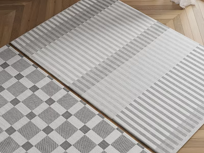 Modern Square Area Rugs with Striped and Checkered Patterns Gray Design on Wooden Floor 3d model
