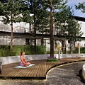 Residential Landscape Featuring Modern Building Lush Trees Vibrant Flowers Garden Pathway and Seating Area