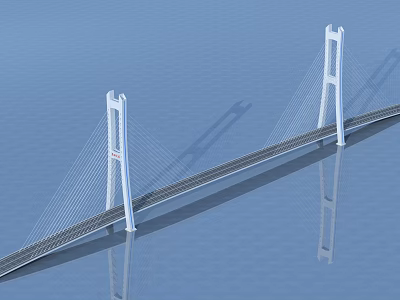 White Cable Stayed Bridge With Two Tall Towers Spanning Blue Water Surface And Reflection 3d model