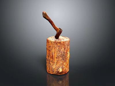 Rustic Wooden Stump With Embedded Axe Showcasing Natural Wood Texture And Craftsmanship 3d model