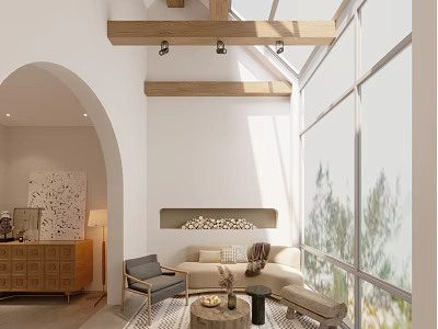Bright Living Room Interior Design With Wooden Beams Large Windows And Sofa Chair 3d model