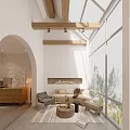 Bright Living Room Interior Design With Wooden Beams Large Windows And Sofa Chair
