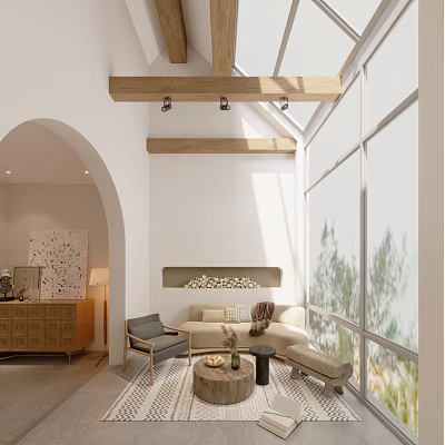 Bright Living Room Interior Design With Wooden Beams Large Windows And Sofa Chair 3d model