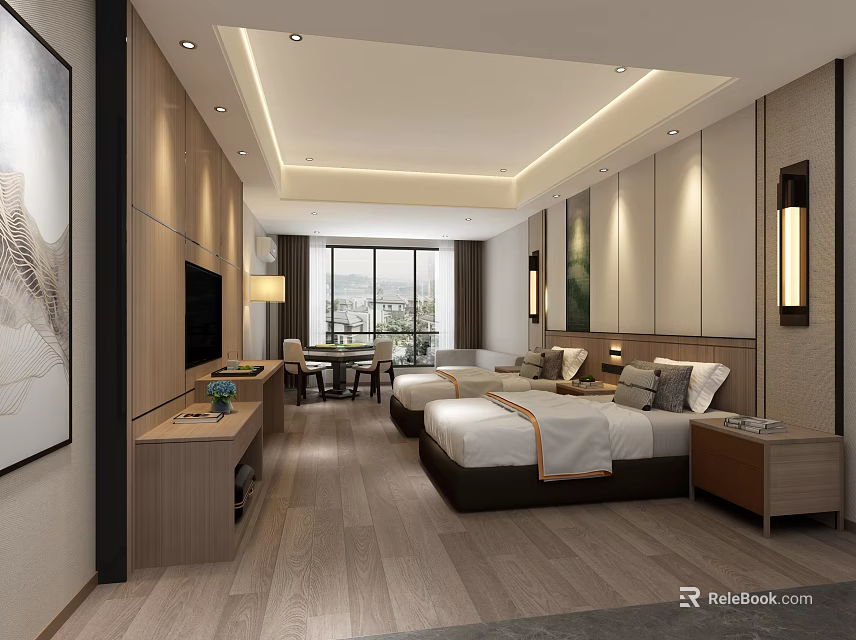 Modern Minimalist Hotel Guest Room With Twin Beds Wooden Flooring TV And Window View 3d model 