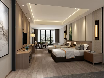 Modern Minimalist Hotel Guest Room With Twin Beds Wooden Flooring TV And Window View 3d model