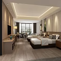 Modern Minimalist Hotel Guest Room With Twin Beds Wooden Flooring TV And Window View