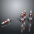 Four Brown Beer Bottles With Labels One Lying On Dark Reflective Surface 3d model