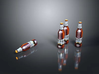 Four Brown Beer Bottles With Labels One Lying On Dark Reflective Surface 3d model