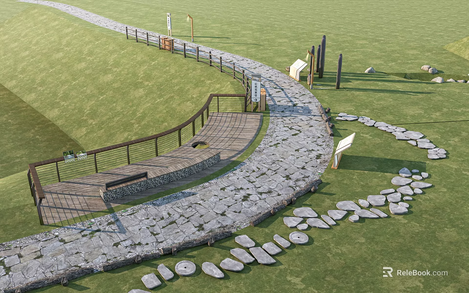 Winding Garden Path Paving With Stone Slabs Wooden Railings And Benches On Grass Lawn 3d model 