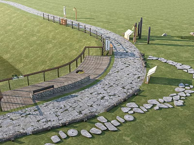 Winding Garden Path Paving With Stone Slabs Wooden Railings And Benches On Grass Lawn 3d model