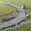 Winding Garden Path Paving With Stone Slabs Wooden Railings And Benches On Grass Lawn