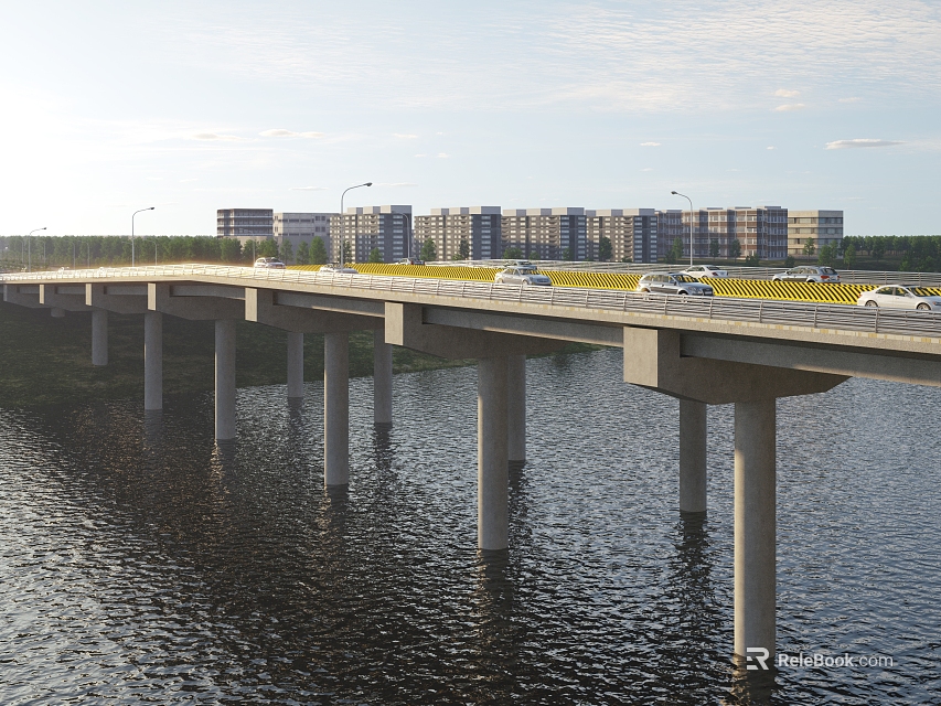 Modern Concrete Bridge Over River With Moving Vehicles And Distant Buildings 3d model 