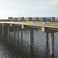 Modern Concrete Bridge Over River With Moving Vehicles And Distant Buildings