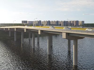 Modern Concrete Bridge Over River With Moving Vehicles And Distant Buildings 3d model