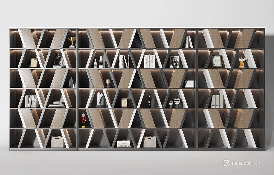 Modern Geometric Bookshelf with Grid Design Wood White Tones Books and Decor Items 3d model 