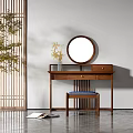 Traditional Chinese Wooden Dressing Table With Round Mirror Drawers Stool Lattice Screen And Plant