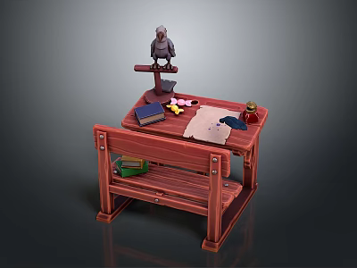 Wooden Kids Desk With Owl Statue Blue Book Paper Small Jar And Colorful Pencils 3d model