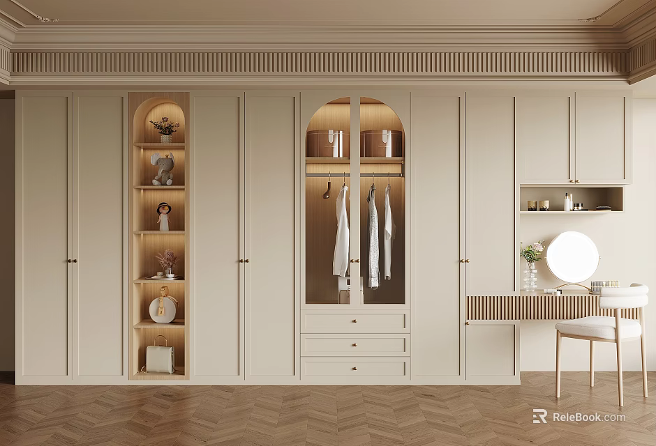 Modern Beige Wardrobe Cabinetry With Open Shelves Dressing Table And Mirror 3d model 