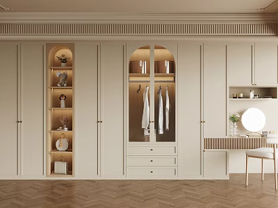 Modern Beige Wardrobe Cabinetry With Open Shelves Dressing Table And Mirror 3d model