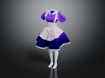 Purple Maid Costume With White Apron Long Socks And White Shoes 3d model