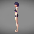 Woman In Black Sports Bra With Purple Trim And Black Shorts Standing Pose