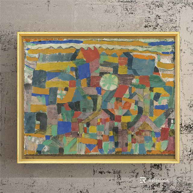 Abstract Painting In Golden Frame With Colorful Geometric Shapes And Vibrant Hues 3d model 