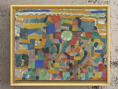 Abstract Painting In Golden Frame With Colorful Geometric Shapes And Vibrant Hues 3d model
