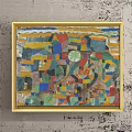 Abstract Painting In Golden Frame With Colorful Geometric Shapes And Vibrant Hues