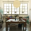 Public Office Space With Wooden Tabletop Green Plant Table Lamp Coffee Cup And Laptop