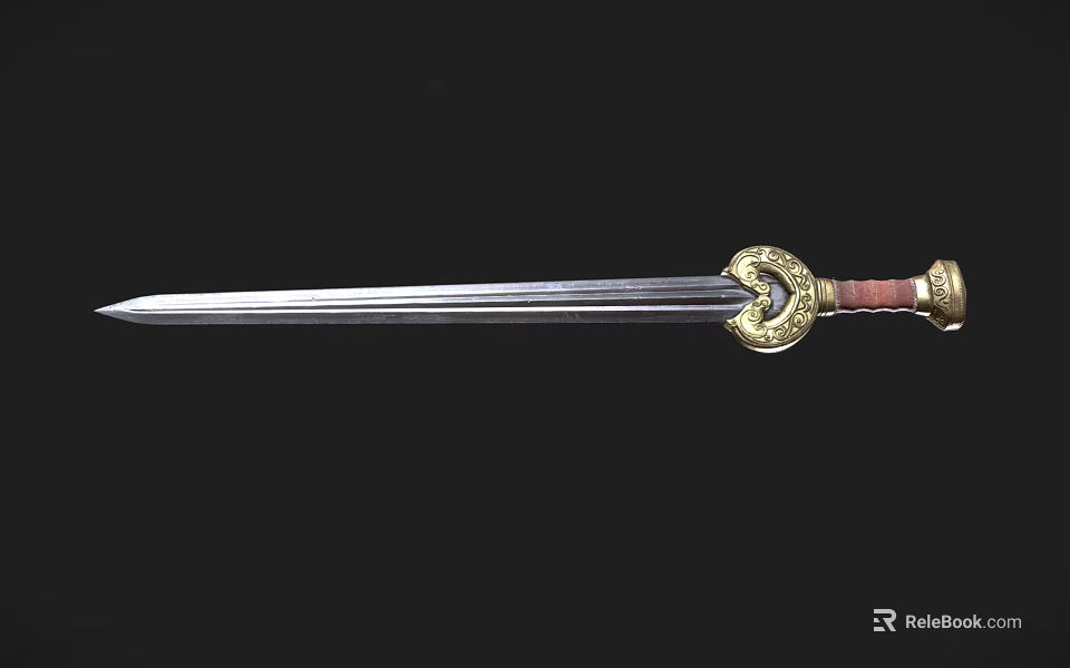 Ancient Medieval Sword With Sharp Metal Blade Decorative Hilt Red Grip And Gold Accents Weapon 3d model 