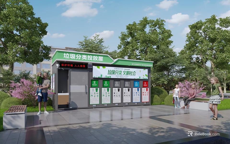 Outdoor Garbage Classification Collection House With Color Coded Bins Information Screen And Trees 3d model 