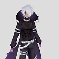 Man With Silver Hair Wearing Black Coat Purple Cape Black Pants And Purple Striped Socks