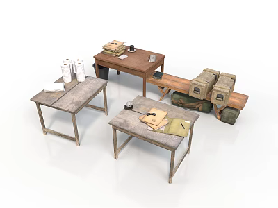 Vintage Wooden Desks Setup With Papers Books And Storage Boxes 3d model