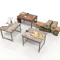 Vintage Wooden Desks Setup With Papers Books And Storage Boxes