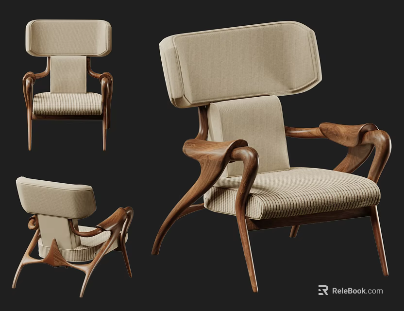 Mid Century Modern Accent Chair With Wooden Frame Upholstered Seat And Curved Arms Design 3d model 