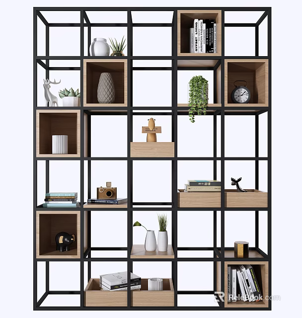 Modern Bookcase Interior With Metal Frame Wooden Shelves Plants Books And Decorative Clock 3d model 