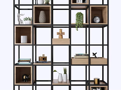 Modern Bookcase Interior With Metal Frame Wooden Shelves Plants Books And Decorative Clock 3d model