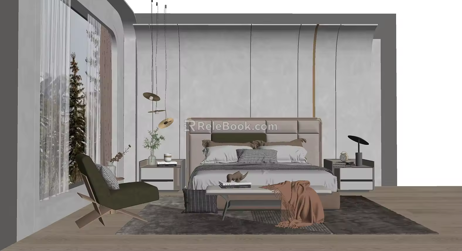 Modern background double bed home bedding combination 3d model