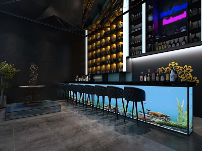 Modern Bar Interior Design With Fish Tank Counter Black Stools And Wine Racks 3d model