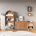 Wooden Bookcase With Decorative Photo Frames Vase Cabinet Floor Lamp And Wall Art On Rug