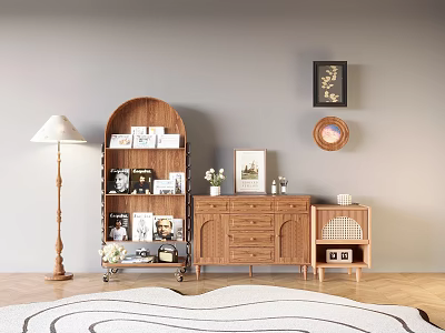 Wooden Bookcase With Decorative Photo Frames Vase Cabinet Floor Lamp And Wall Art On Rug 3d model