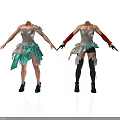 Woman In Silver Top And Green Skirt With Red Gloves And Black Stockings