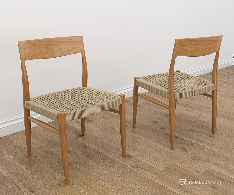 Minimalist Wooden Dining Chairs With Woven Seats On Wooden Floor Setting 3d model 