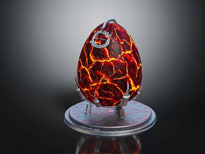Red Cracked Egg Shaped Decorative Ornament Set With Orange Glow And Silver Base Top Ring 3d model
