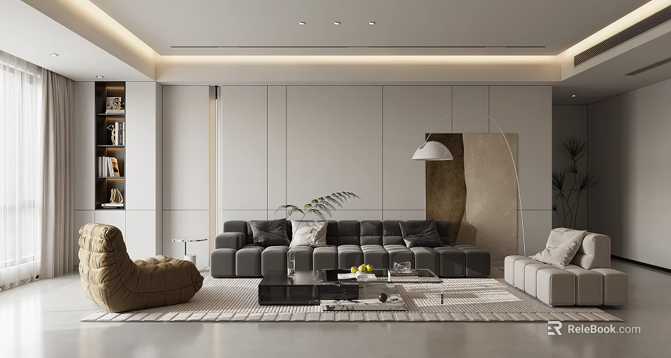 Modern Living Room With Gray Sofa Brown Armchair White Walls Floor Lamp And Coffee Table 3d model 