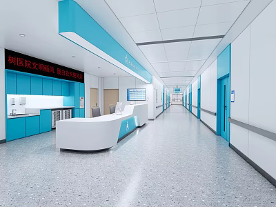 Clean Modern Hospital Outpatient Clinic Interior With Blue Reception Desk And Bright Corridor 3d model