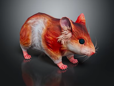 Cute Hamster With Red And White Fur Black Eyes And Pink Paws On Black Background 3d model